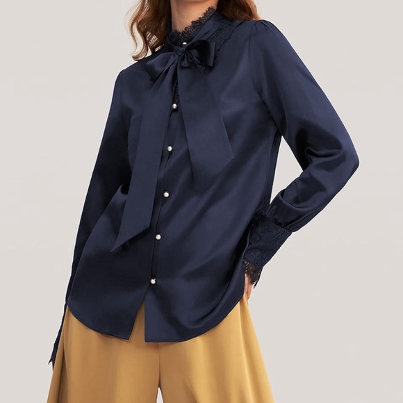 LilySilk X MIM Women's Lace Silk Blouse with Removable Bow - Picture 3 of 12